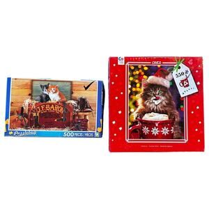 2 Cat Puzzles. Made in USA Ceaco Christmas Kitty & 2 Kittens Sitting In Shoe Box